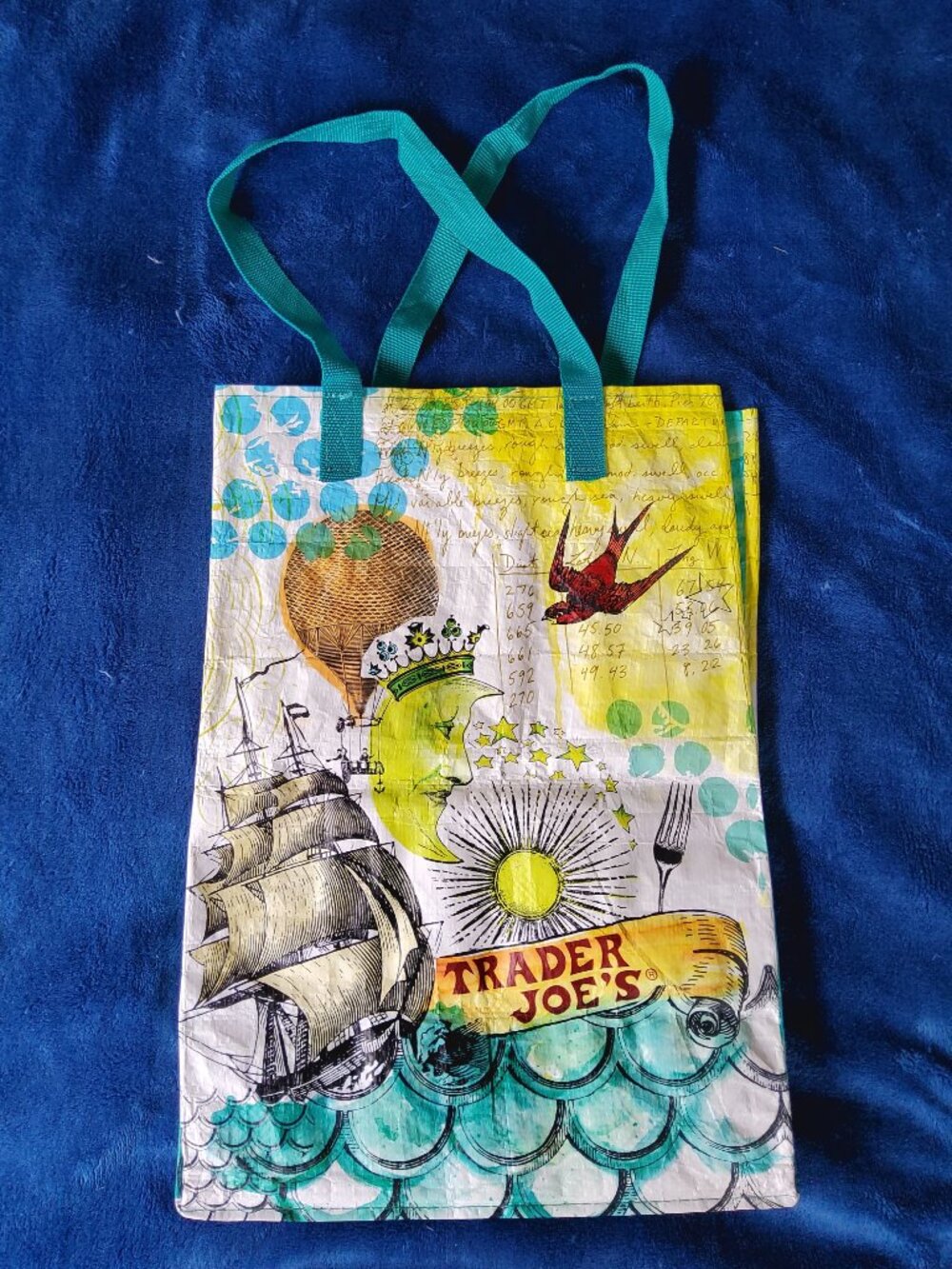 Trader Joes Reusable Grocery Bag Tote Vintage Destination Ship Moon Balloon